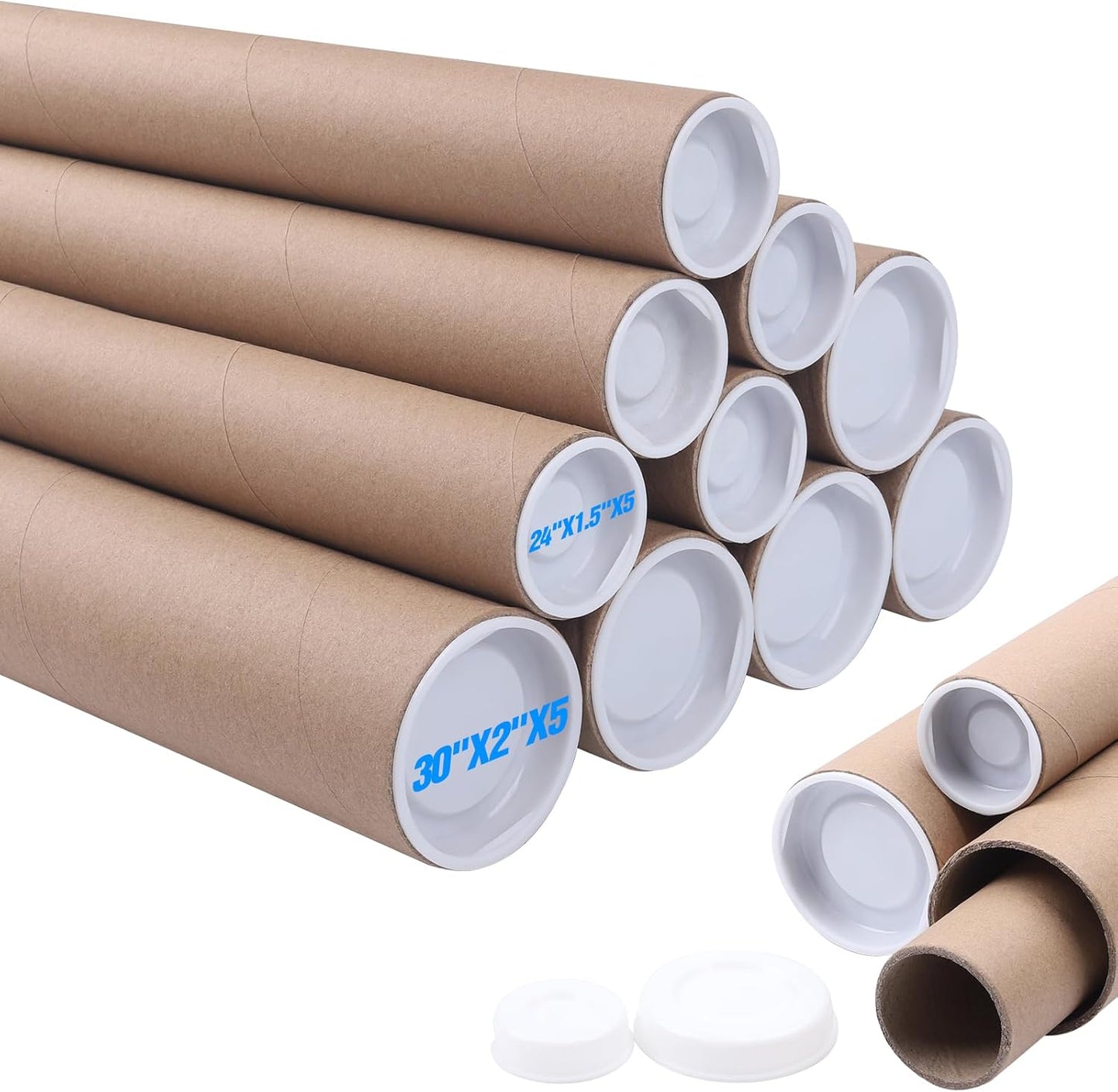 Mailing Tubes with Caps, 5 Pack 2x30-Inch + 5 Pack 1.5x24-Inch Kraft Paper Poster Tube for Shipping, Packing, Bulk Round Packaging, Cardboard Mailers, Art Prints, Maps, Blueprint
