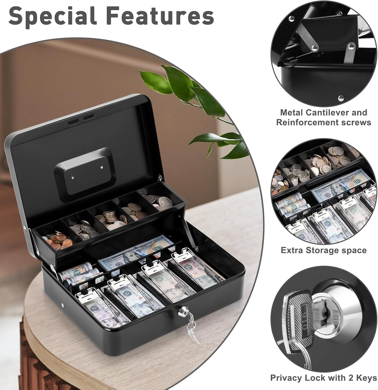 KYODOLED Locking Cash/Money Saving Organizer Box with Lock Safe with Key and Cash Tray, Black, 11.81Lx 9.45Wx 3.54H inches, XL Large