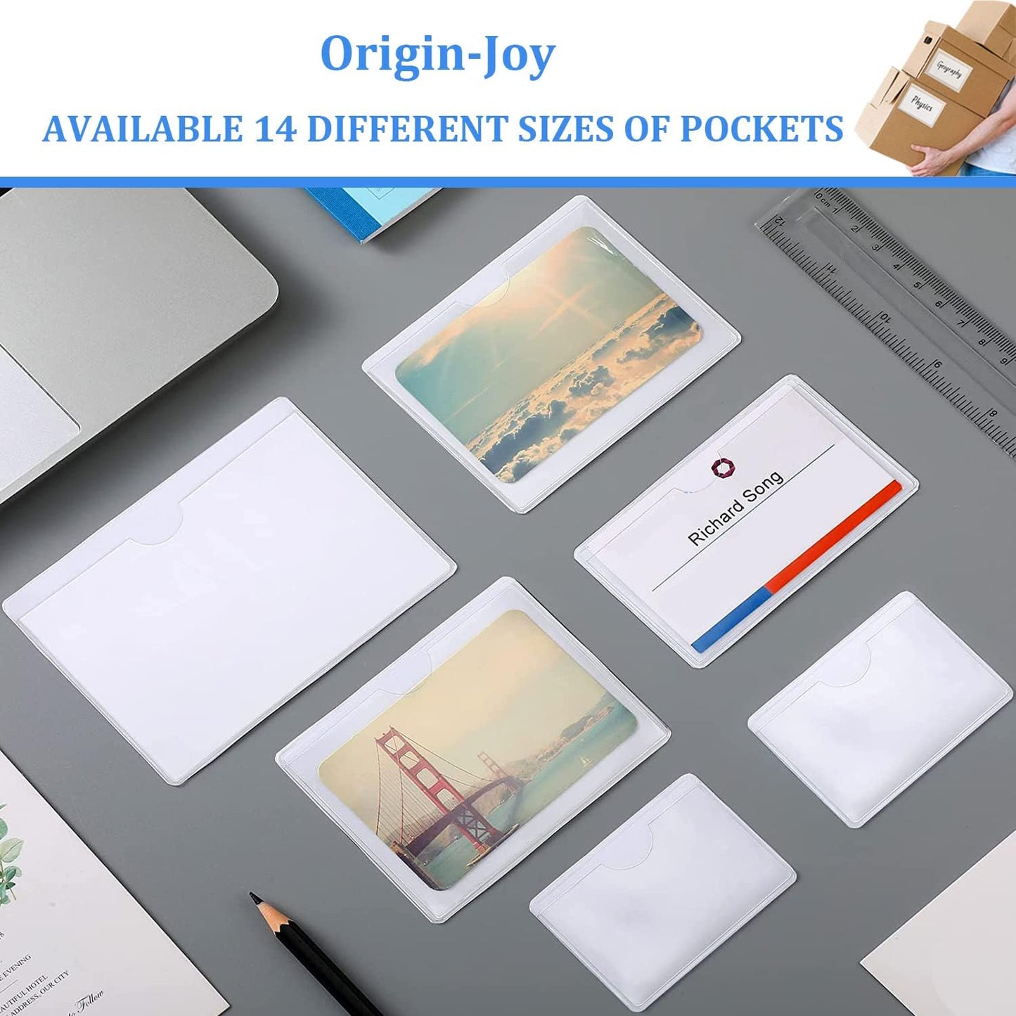 Origin-Joy 25 PCS Self-Adhesive Index Label Pockets, Clear Plastic Peel & Stick Card Holders with Top Open for Loading (5 x 3 inch)