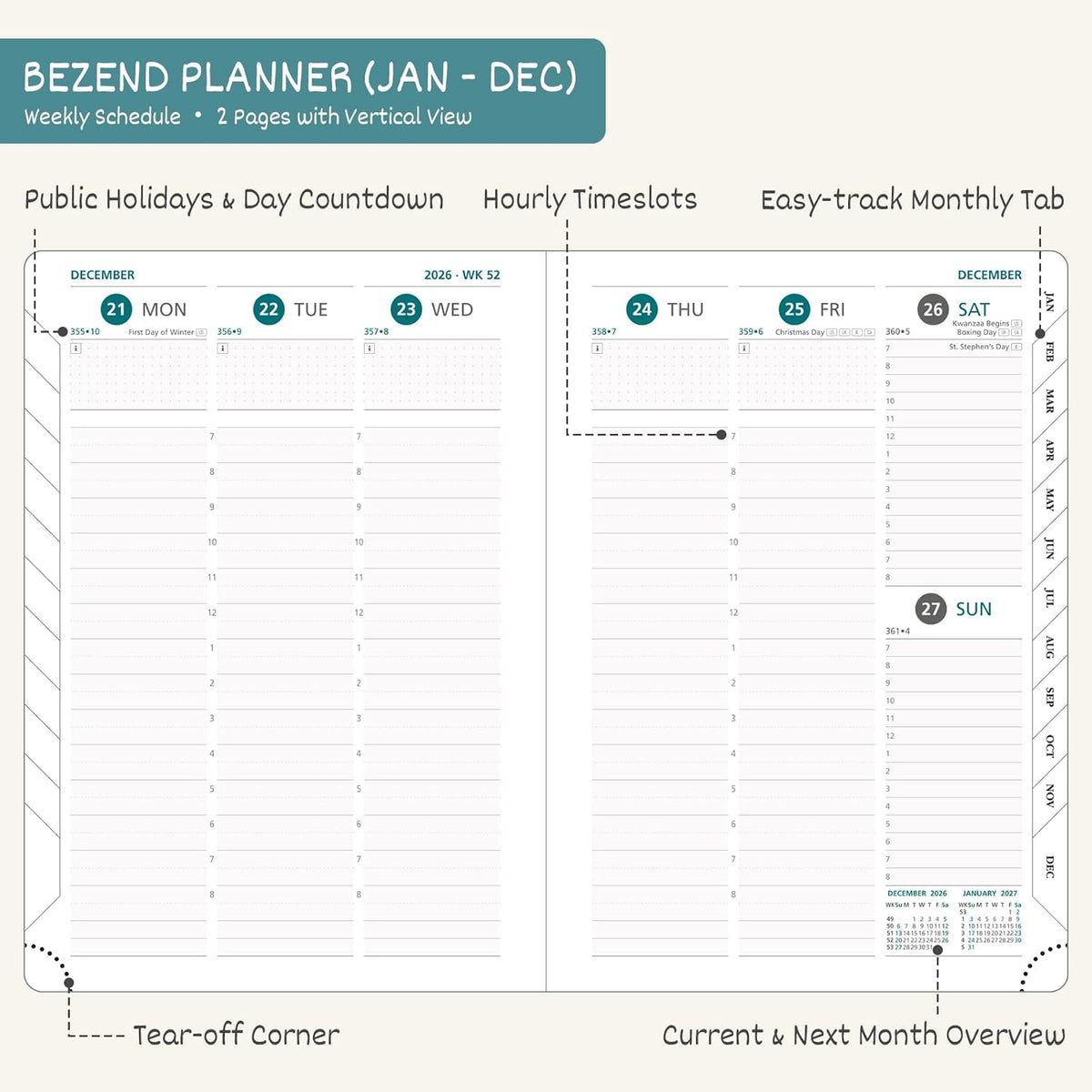 BEZEND 2026 Planner Weekly and Monthly (6" x 8.5") Daily Calendar with Half-Hourly Timeslots & Tabs (Jan-Dec) Note & Expenses, Pen Holder, Inner Pocket, Vegan Leather Hardcover - Orange
