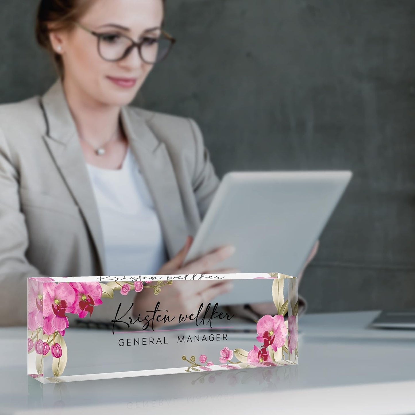 Custom Desk Name Plate Personalized, Acrylic Name Plate for Desk, Office Desk Decor for Women and Men, Employee Appreciation Gifts Office Gifts for Boss, Manager, Teacher, Nurse (Butterfly Orchid)