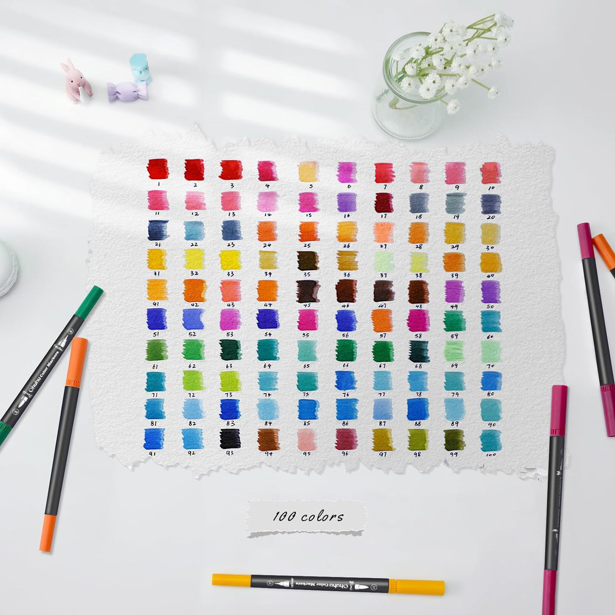 Ohuhu Markers for Adult Coloring Books No Bleeding 100 Colors Coloring Markers Water-based Dual Tips Fineliner & Brush Drawing Pens Art Pens for Kids Adults Sketch Journal - Maui - Black