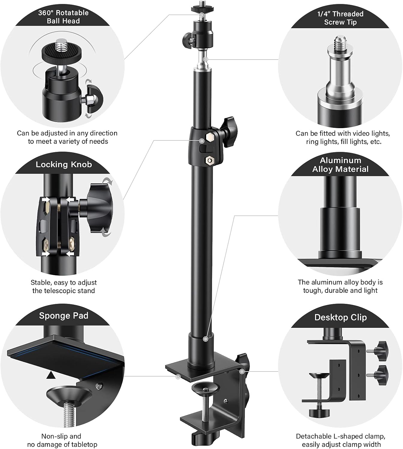 2-Pack Camera Desk Mount Stand with 1/4" Ball Head and Cold Shoe Mount Adapter,12.9-22" Tabletop Mounts Stand, Adjustable Aluminum Desktop Light Stand, for DSLR Camera, Ring Light, Video Light