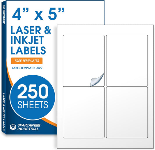 4" X 5" Printable Shipping Labels Compatible with Inkjet and Laser Printers - 250 Sheets, 1000 Total Matte White Paper Stickers for Mailing and Addresses - Spartan Industrial