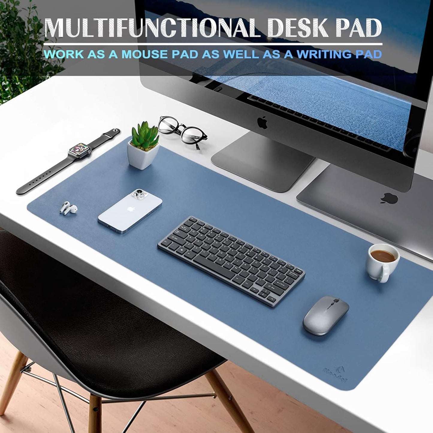 K KNODEL Small Office Leather Desk Mat, Mouse and Keyboard Pad, Computer and Laptop Mat, Desktop Protector and Cover, Writing Pad and Blotter (23.6"x13.8", Lake Blue)
