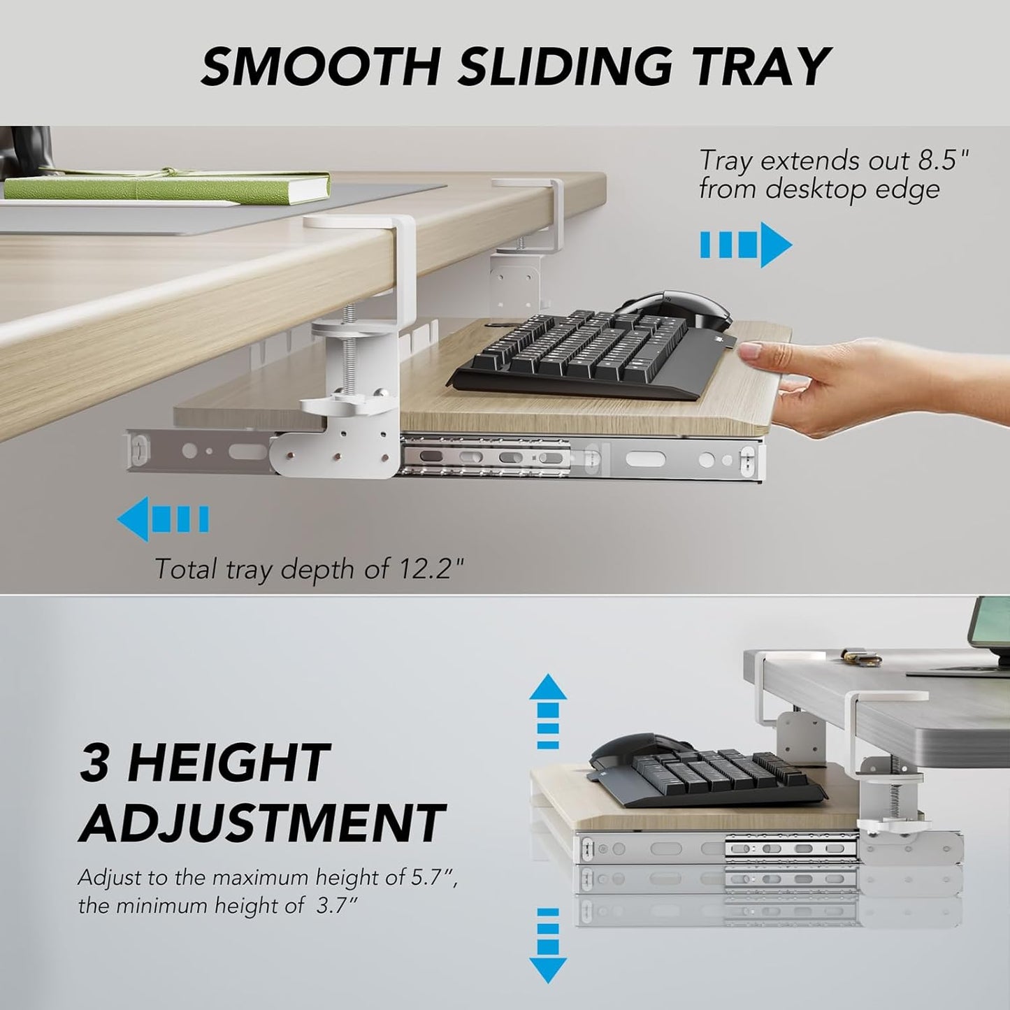 AX WABER Keyboard Tray Under Desk Pull Out with Extra Sturdy C Clamp Mount System, 27.3 (32.5 inch Including Clamps) x 11 Inch Slide-Out Platform Computer Drawer for Typing Grain AX01WG01