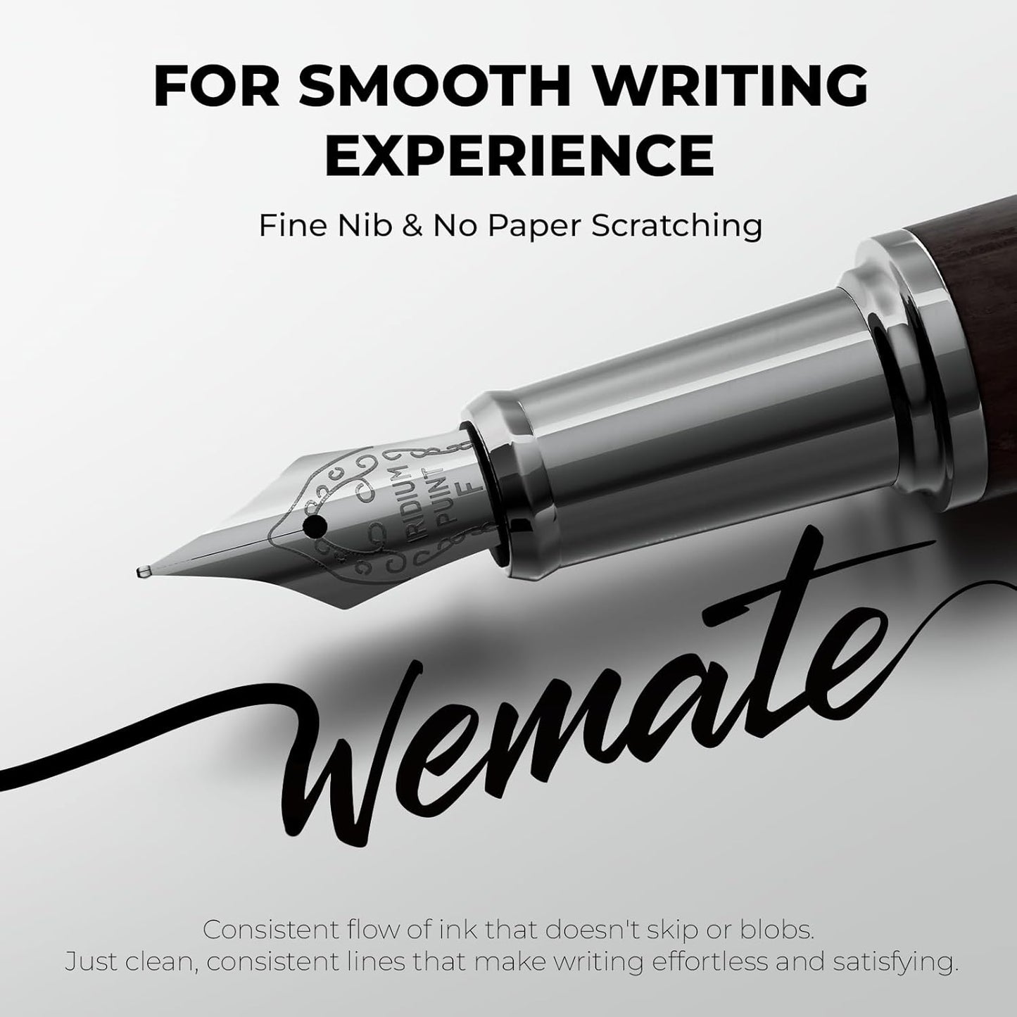 WEMATE Wood Fountain Pen with Ergonomic Grip, Fine Nib, 20 Ink Cartridges(10 Black&10 Blue), 1 Ink Converter, Smooth Writing&No Skips, Office Gift for Men, Professional