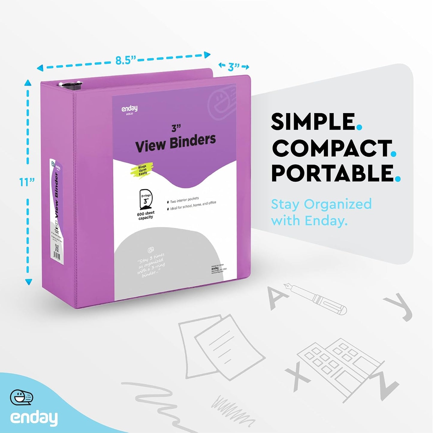3 Slant D-Ring Binder 3 Inch Purple, 3 in Clear View Cover with 2 Inside Pockets Binder, Heavy Duty Colored School Supplies Binders,Also Available in Green, Grey, Red, Blue, Pink (6 PC) – by Enday