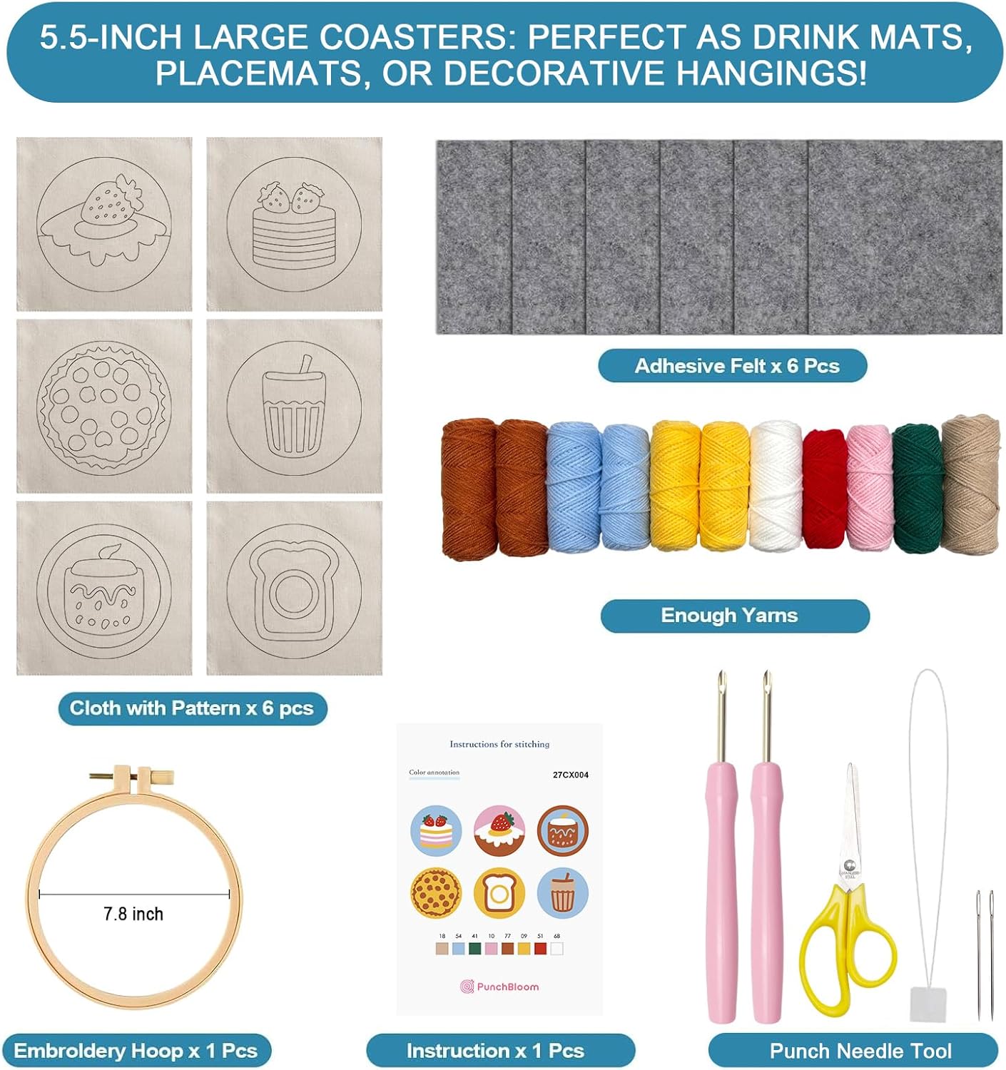Punch Needle Kit for Adults Beginners, 6-Piece Cute Desserts Punch Coaster Starter Kit – Easy Embroidery Stitch Craft Set with Instructions – Fun Needle Point Tufting for Table Decor & Festival Gifts