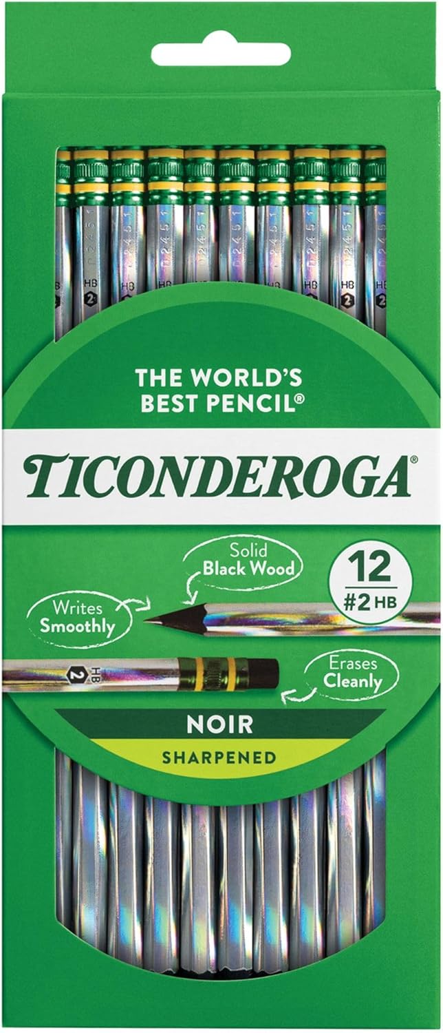Ticonderoga Noir Black Wood-Cased #2 Pencils, Holographic Design, 12 Count
