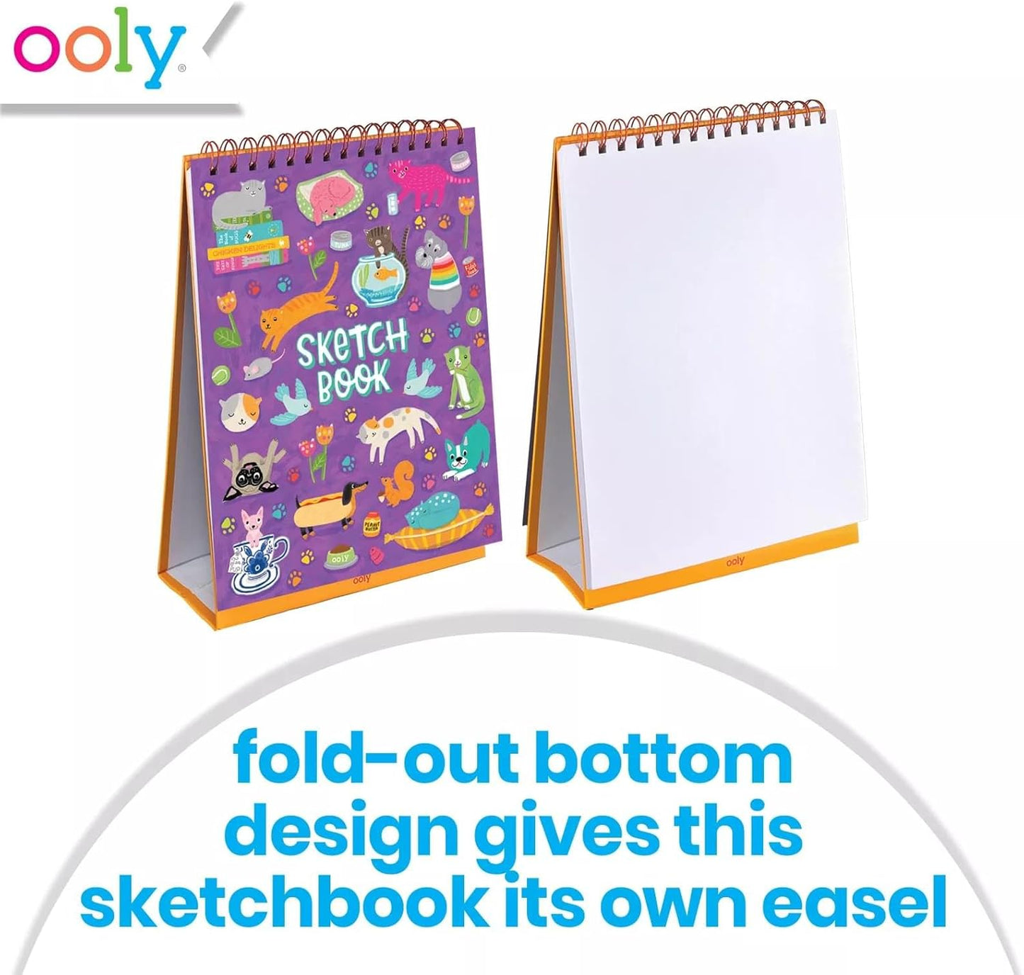 OOLY Sketch and Show Standing Sketchbook with 45 Large 10.5 x 8 Perforated Pages, 120 GSM/ 32lb, Perfect for Markers, Colored Pencils, Back to School Supplies - Pets at Play