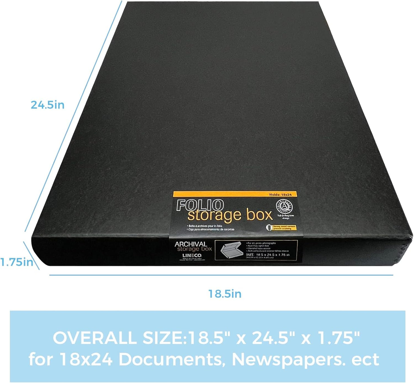 Lineco Folio Storage Box, Clamshell Design with Metal Edge. 18.5x24.5x1.75 Inches, Archival Boxboard, Preserve Photos, Cards, Magazines, Documents, Art, Ephemera, Family Records, Black, Pack of 2