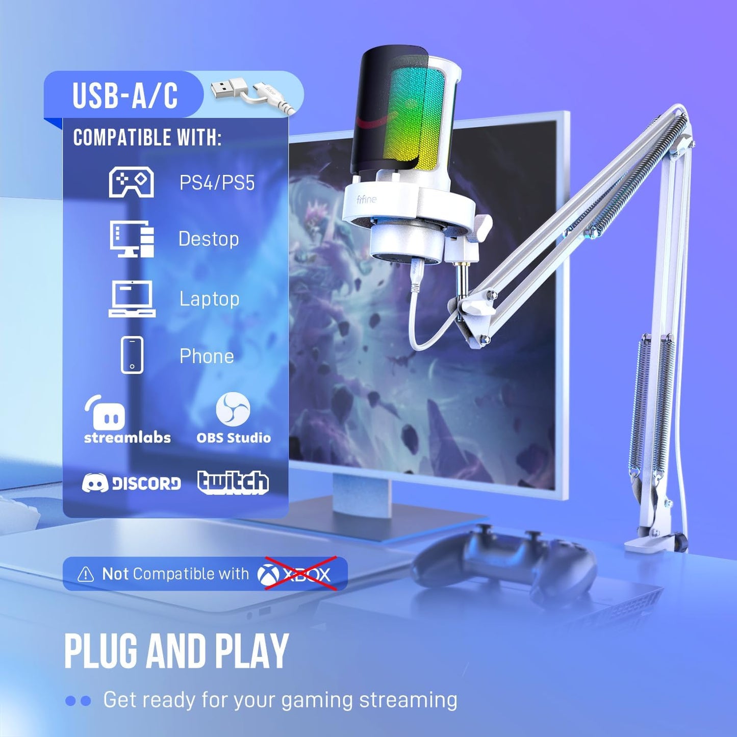 FIFINE Gaming PC USB Microphone Kit, Condenser RGB Mic with Metal Boom Arm, Mute, Gain Knob, Headphones Monitoring, Streaming Microphone Bundle for PS4/PS5, YouTube, Discord, Twitch-A8T White