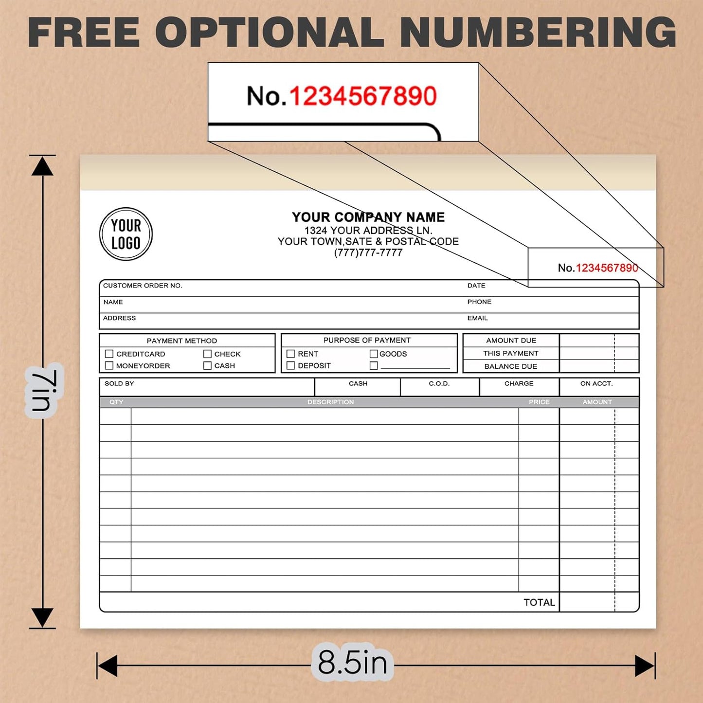 Custom 8.5" x 7" Invoices Receipts Carbonless Books in 3-Part Duplicate Personalized Company Address Name Phone Number 50 Sets