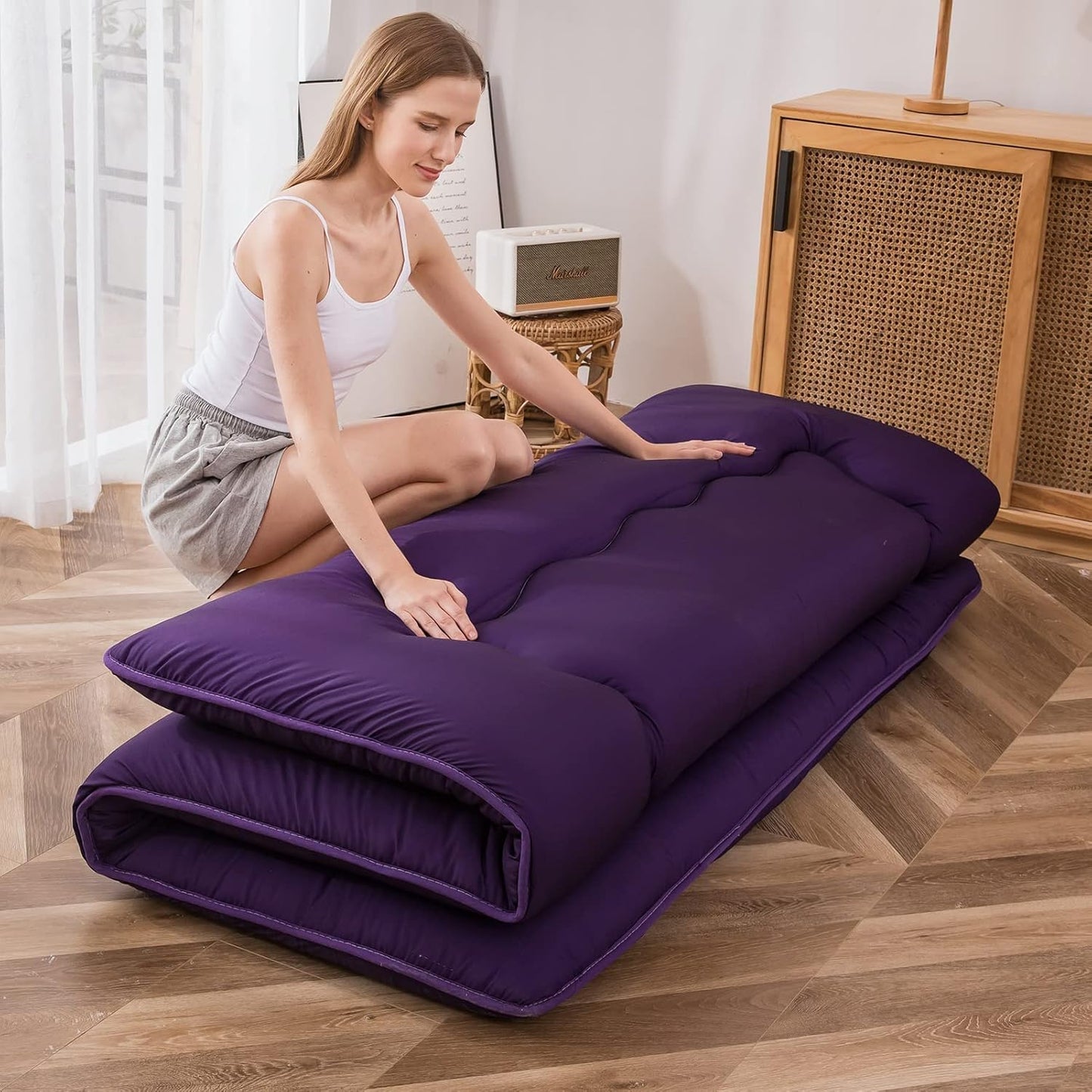 MAXYOYO Japanese Floor Mattress Futon Mattress, Thicken Sleeping Pad Foldable Roll Up Floor Futon for Adults Tatami Mat Dormitory Bed Lounger, Purple, Full Size