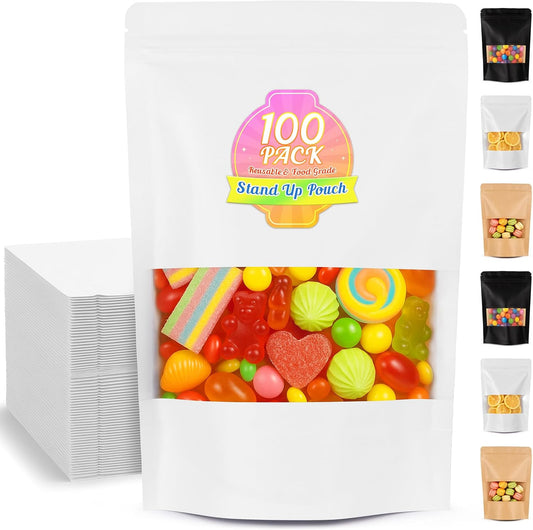 Food Bags 100 Pack Granola Trail Mix Bags Mylar Bags with Window Resealable Mylar Stand Up Pouches Wax Melt Candy Bar Tea Packaging Beef Jerky Chip Bag Bolsas para Carne Seca (4.7"x7.9")