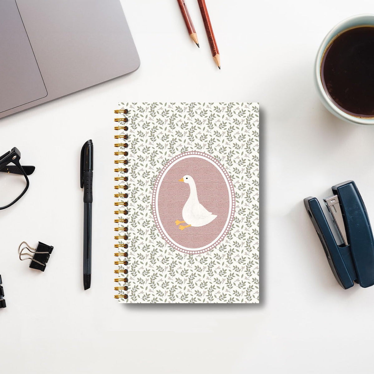 Pink Vintage Goose Notebook, Cottagecore Botanical Goose Journal, Aesthetic Farm Animal Journal, Animal Lover Gifts Hardcover Spiral Notebooks 5.5x8.3 Inch