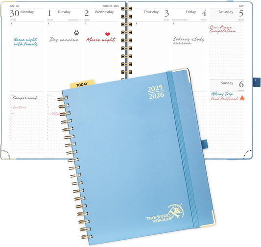 POPRUN Academic Planner 2025-2026 (July 2025-June 2026), Daily Weekly and Monthly Appointment Book (Wirebound Hard Cover - 10'' x 8'') with Hourly Time Slots, Tabs, 100 GSM - Haze Blue
