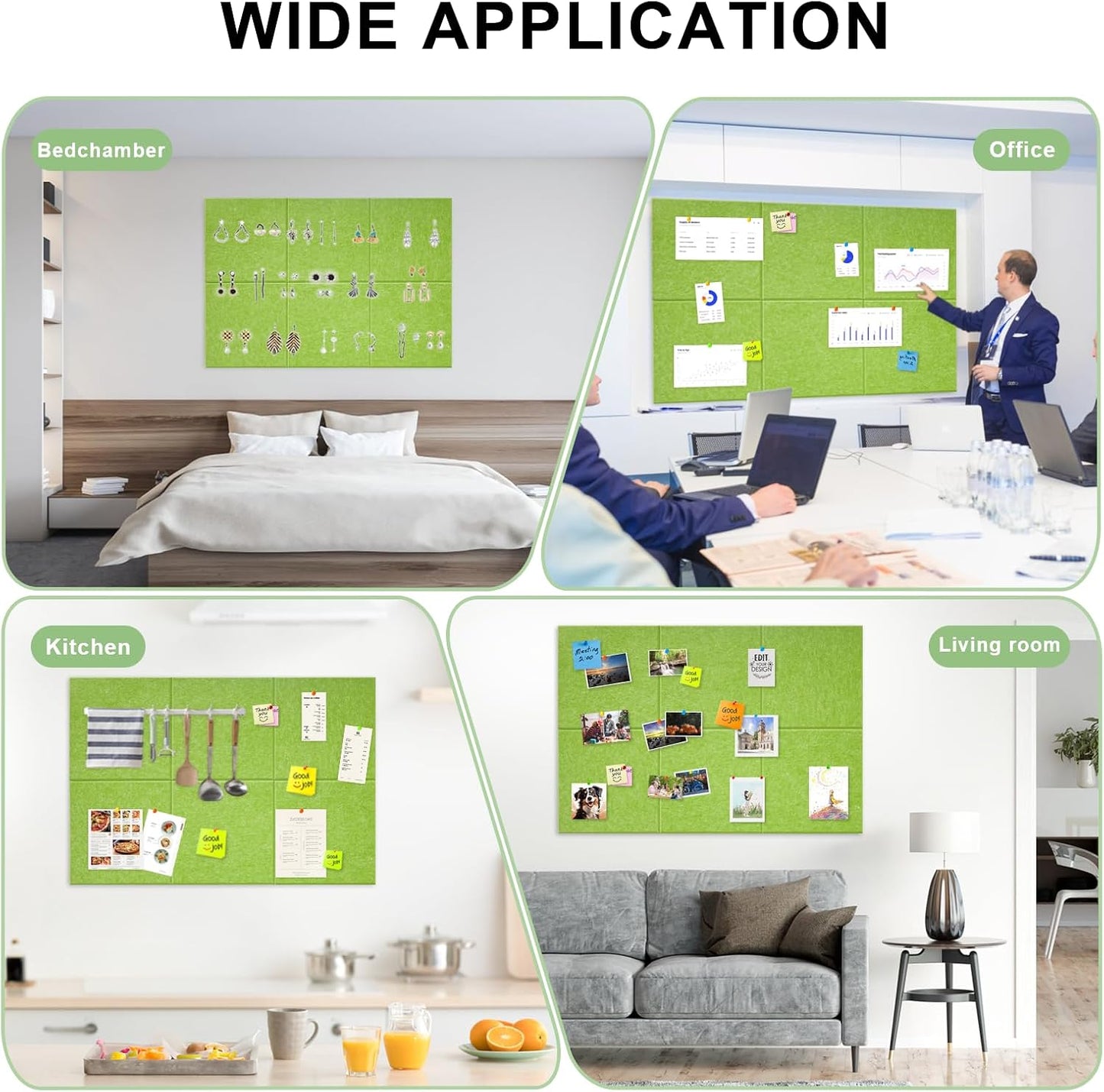 Large Cork Board for Wall 6 Pack, Bulletin Board 36" X 24", Felt Board Wall Tiles with 72 Damage-Free Removable Pads & Push Pins, Alternative Pin Board Cork Board for Office Home, Green