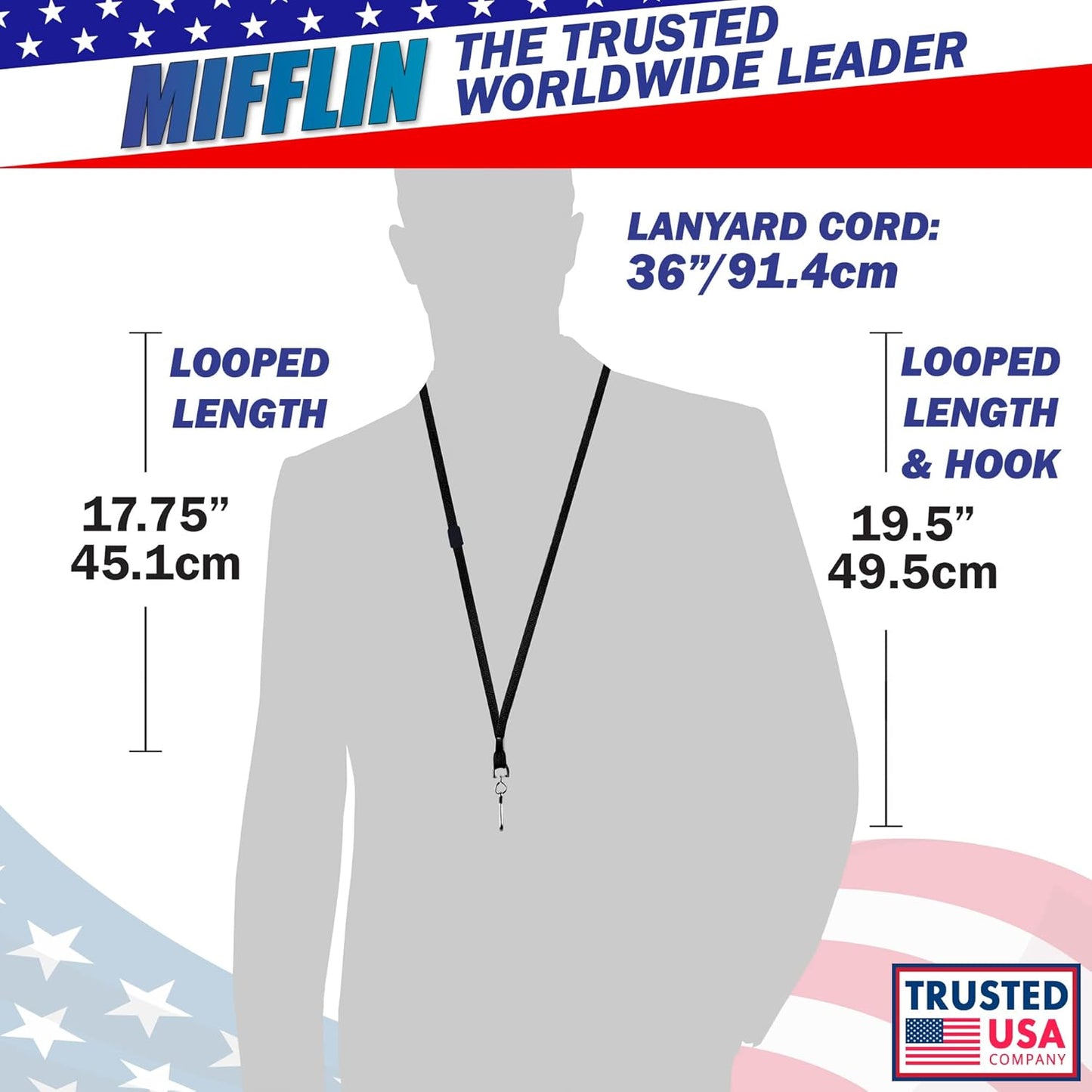 MIFFLIN-USA Flat Breakaway Safety Lanyard for ID Badges (Black, 36 Inch, 5 Pack), Soft Woven Neck Line