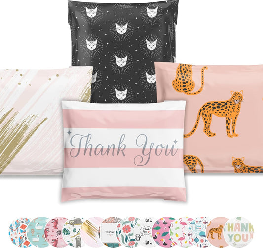 Poly Mailers 10x13 100 Pack | Self-Sealing Shipping Bags Envelopes for Small Business | Waterproof Durable Packaging | Variety Sample Pack | Thank You Floral Cat Gold | à la mode Mailers