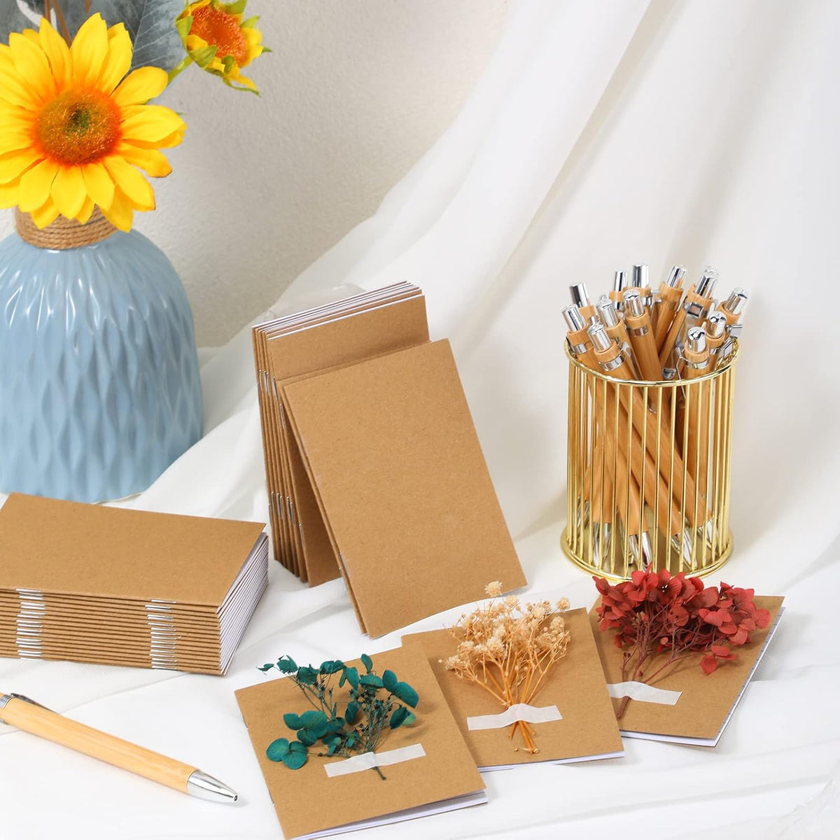 Kisston 50 Sets Mini Pocket Notebook with Pens Bulk Christmas Notebook Gifts Small Memo Notepad with Bamboo Pens for Employee Coworker Team Gifts(Classic Color)