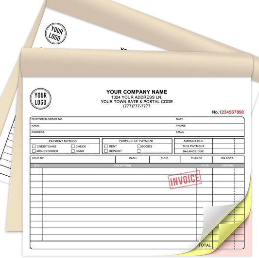 Custom Sales Invoice Personalized Carbonless NCR Forms with Company Name/Logo Personalized Invoice, Receipt Book, Work Sales Purchase Orders, Estimates, Quote Forms 8.5" x 7" - 3 Part(150 Sets)
