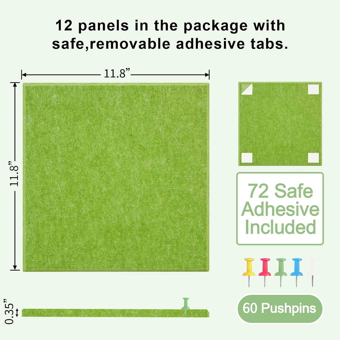 Large Cork Board for Wall 12 Pack, Bulletin Board 48" X 36", Felt Board Wall Tiles with 72 Damage-Free Removable Pads & Push Pins, Alternative Pin Board Cork Board for Office Home, Green