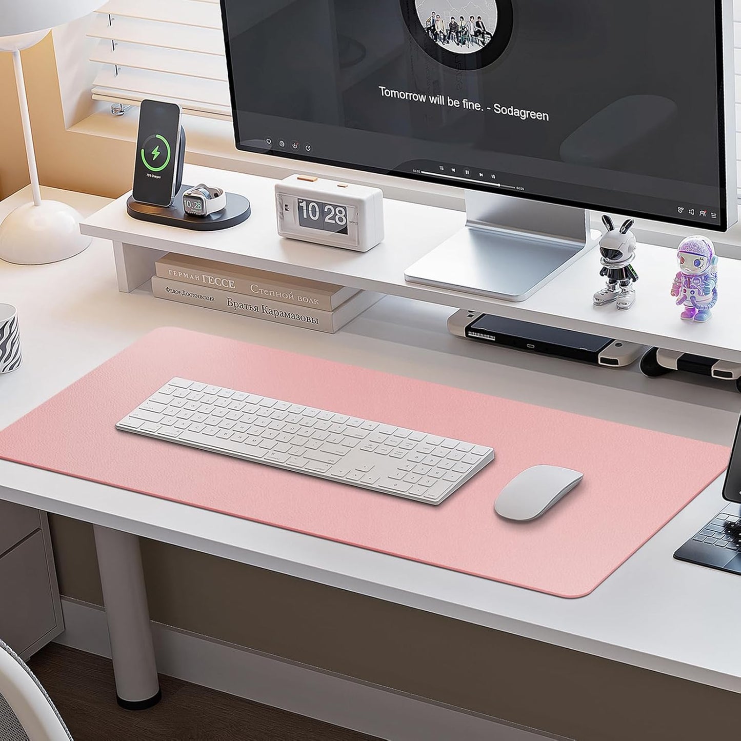 Boutilon Leather Desk Pad Protector,Non-Slip Mouse Pad,Laptop Desk Pad,Office Mouse Mat,Waterproof Leather Desk Blotter,Desk Writing Pad for Office and Home (S-Pink,24"x 14")