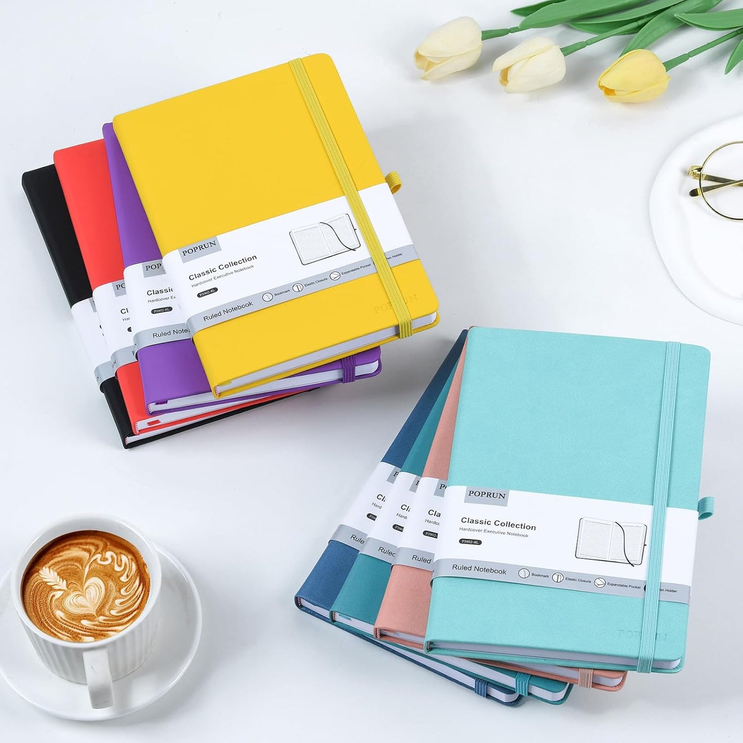 POPRUN A5 Lined Journal Notebooks, 8 Pack Leather Hardcover Thick Notebook for Writing, Business Work, Travel, School, College, 5.5 x 8.3 inch, 240 Pages Classic Ruled Journals Notepad, Multicolored