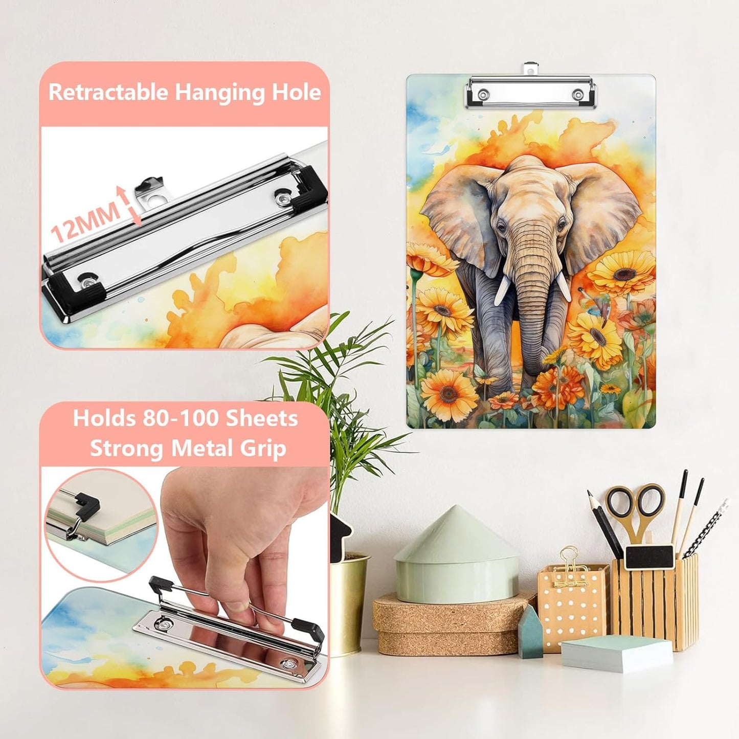 African Elephant Plastic Clipboards,Cute Fashion Sunflower Clipboard Decorative 8.5" x 12.5"Standard A4 Size Clipboards,Acrylic Clipboard for Teacher,Social Worker,Students,Nurse,Office Supplies
