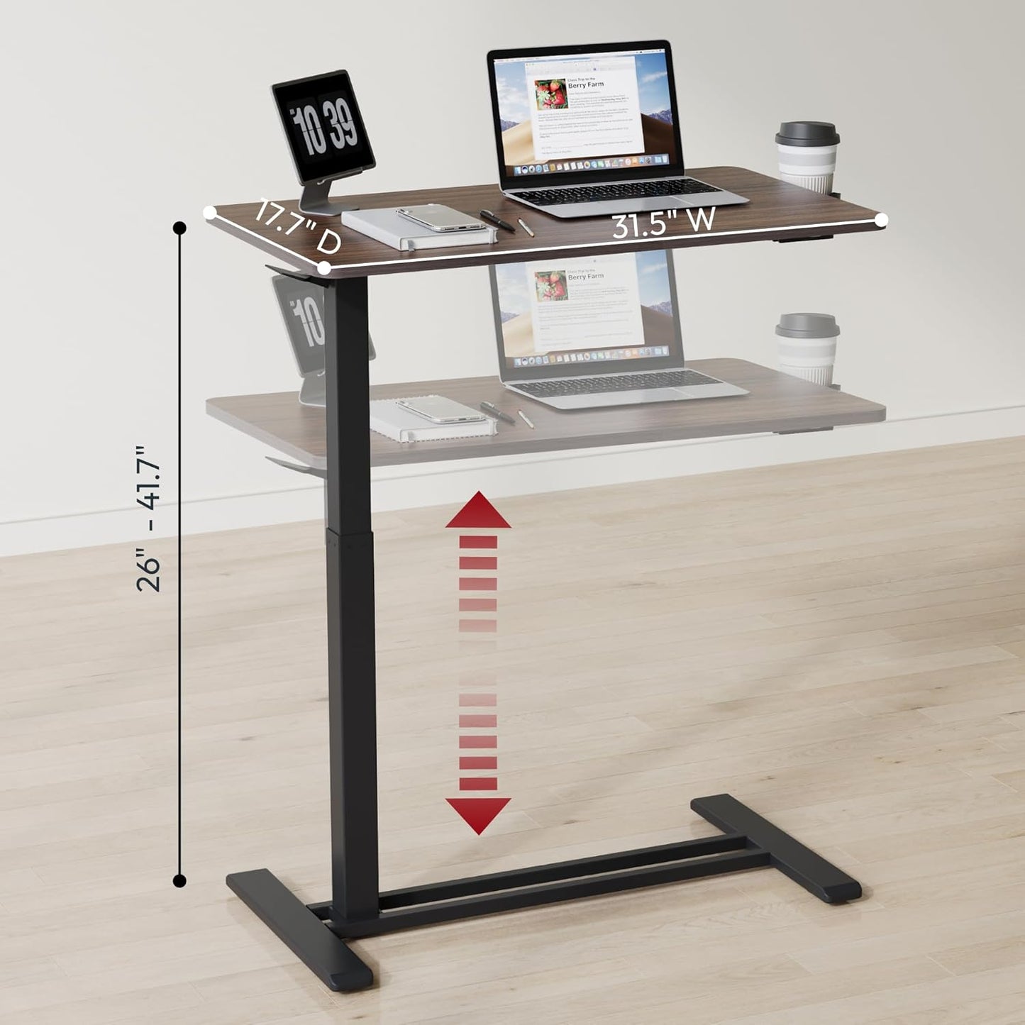 SANODESK Mobile Standing Desk with Hidden Wheels,Pneumatic Laptop Desk Rolling Computer Cart Movable Height Adjustable Small Sit Stand Desk for Home Office(31.5" W x 17.7" D,Black Walnut)