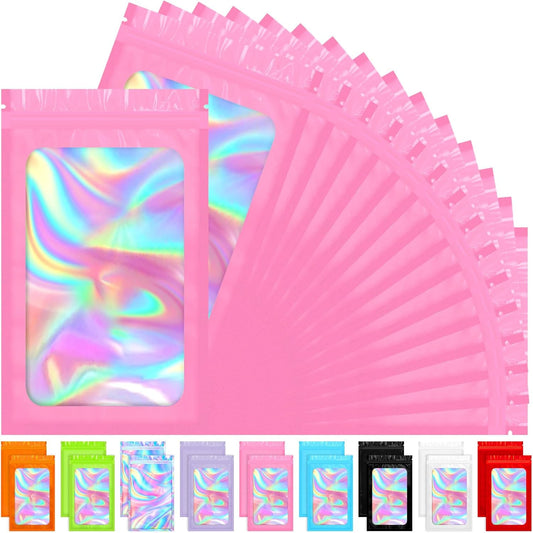 Mylar Bags, 100 PCS Pink Packaging Bags, Small Bag Smell Proof Bag with Clear Window(2.4x3.9 Inch)