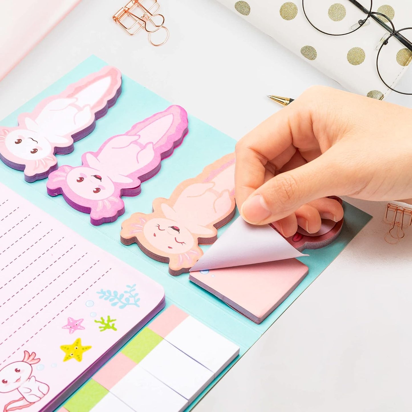 Xqumoi I Just Really Like Axolotl Sticky Notes Set, 550 Sheets, Animal Mexican Walking Fish Shaped Self-Stick Notes Pads Divider Tabs Bundle Writing Memo Pad Page Marker Back to School Office Supplies