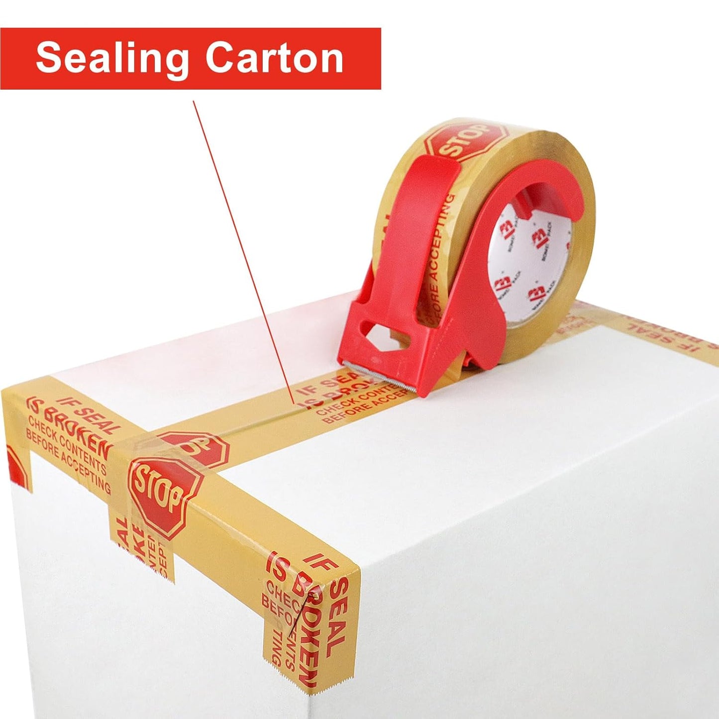 Stop Sign Sealing Tape Pre-Printed IF Seal is Broken,Check Contents Before Accepting,Heavy Duty Packing Tape with Dispenser 2 Inch x 110 Yards,Packaging Tape for Moving and Shipping (Brown)