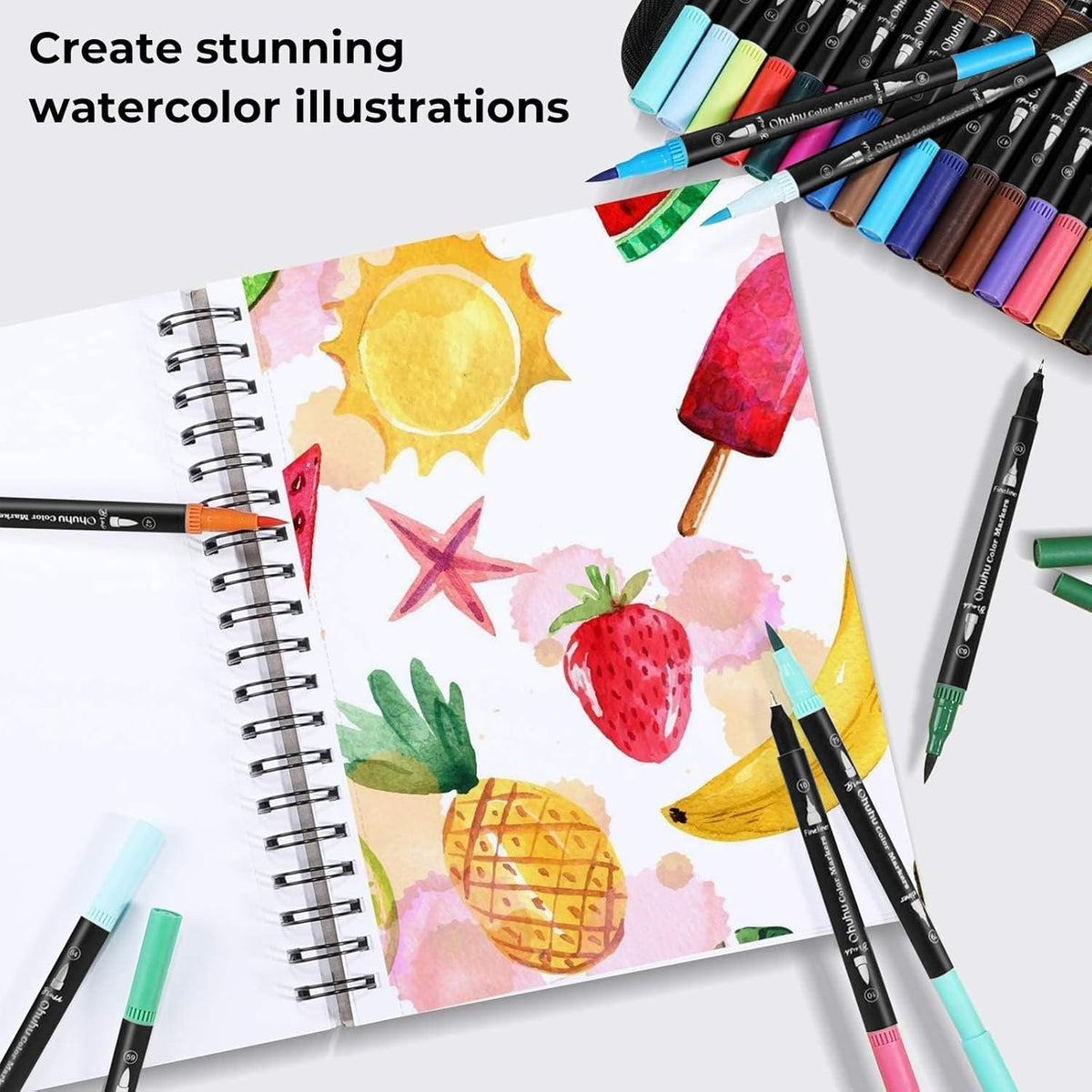 Ohuhu Markers for Adult Coloring Books: 120 Colors Brush Pens Dual Brush Fine Tip Drawing Pens Water-Based Coloring Markers for Calligraphy Bullet Journal with Carrying Case - Maui - Black