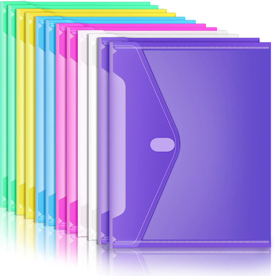Sooez 12 Pack Plastic Envelopes Poly Envelopes, HeavyDuty File Folders, Clear Color Folders with Pockets, Folder for Documents Letter A4 Size, Filing Folders, Travel Bags, Office School Paper Storage