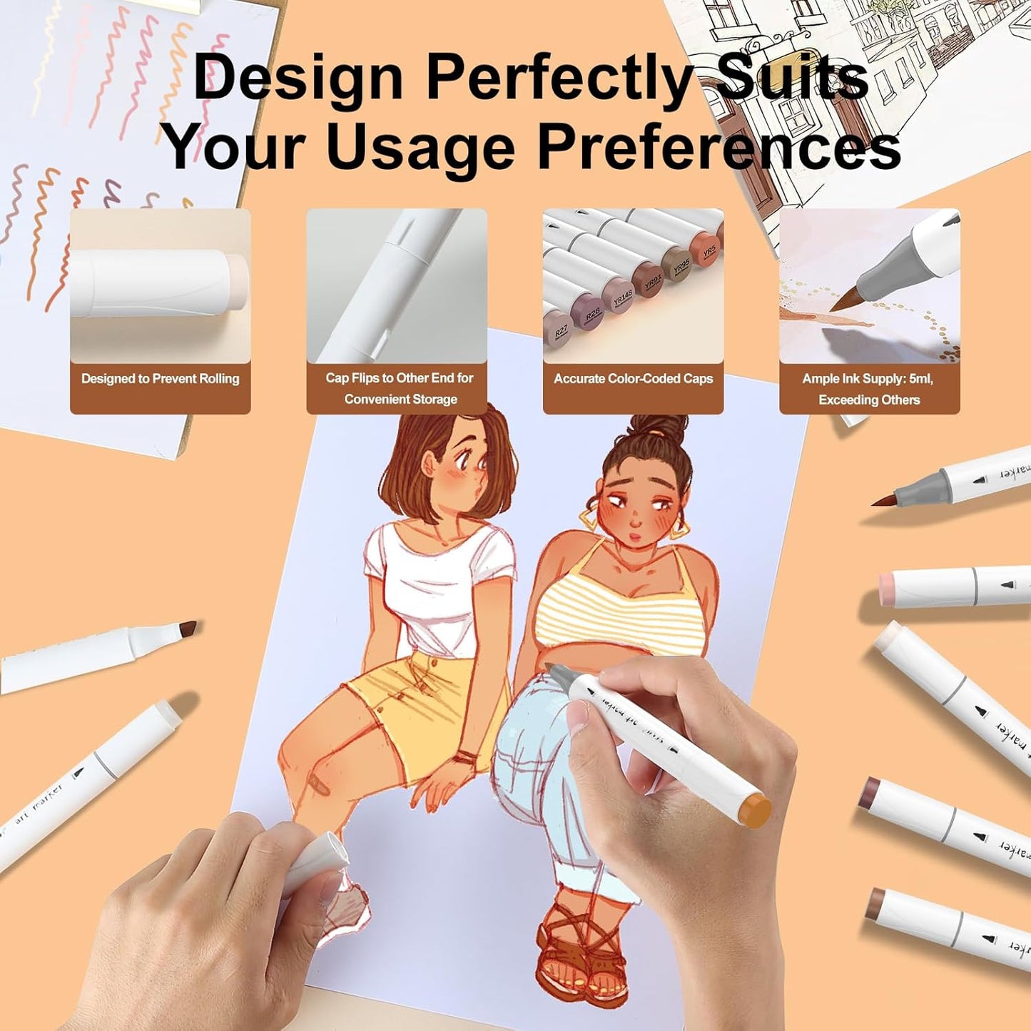 SFAIH Skin Tone Alcohol Markers Brush Tip - 25 Portrait Color Markers for Drawing, Coloring - Fast-Drying, Blendable Ink Marks for Artist Adults - Refillable Ink