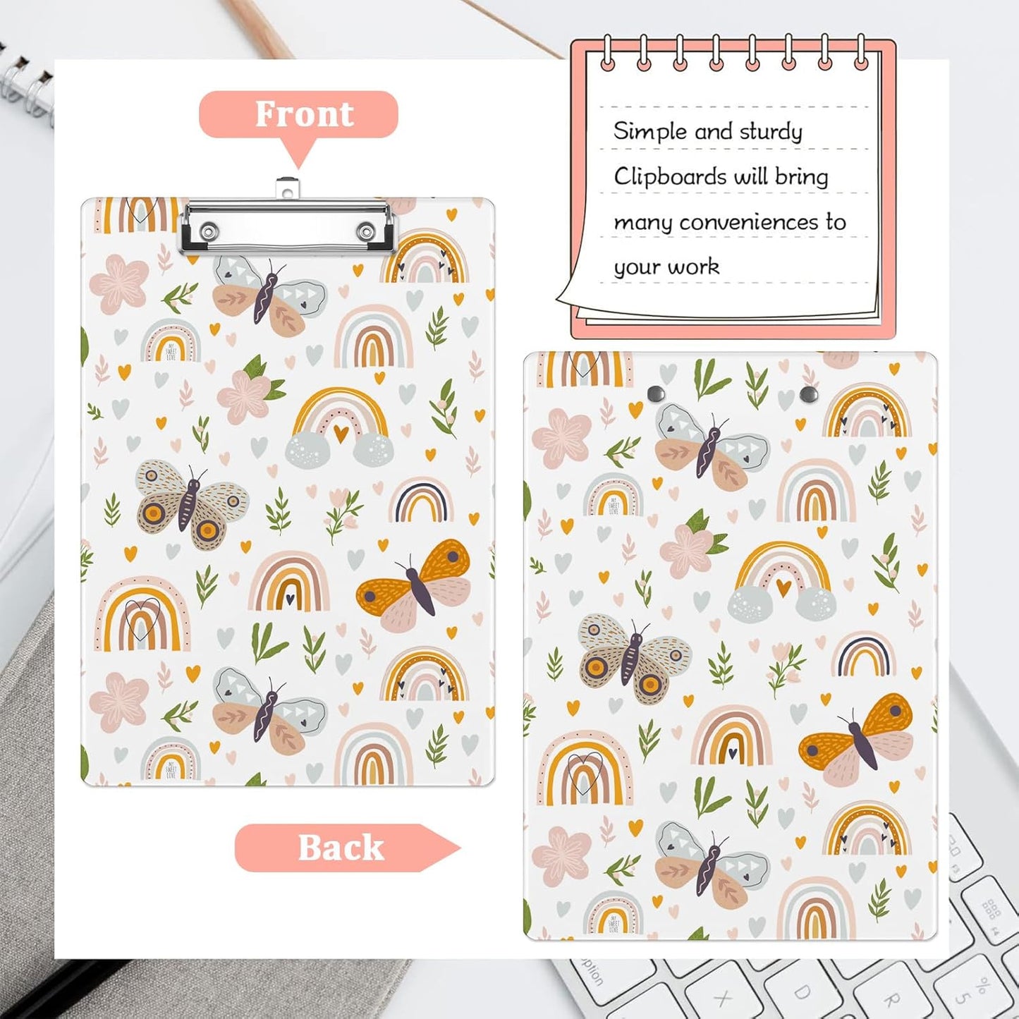 Leaves and Rainbow Plastic Clipboards,Cute Fashion Clipboard Decorative 8.5" x 12.5"Standard A4 Size Clipboards,Acrylic Clipboard for Teacher,Social Worker,Students,Nurse,Office Supplies