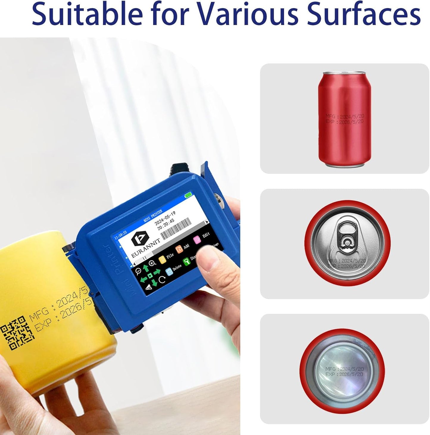 E11 Mini Handheld Inkjet Printer with External Conveyor Wheel & Nozzle Cap - 0.5" Print Height for Bottles, Curved & Flat Surfaces, Portable for Text, Date, QR Code, Includes ER520 Ink