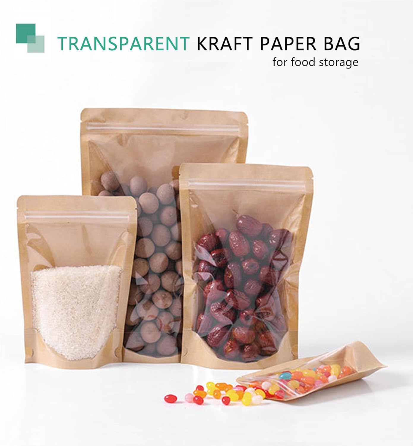 50pcs Kraft Bags With Window Clear Fornt Pouches Resealable Stand Up Zip Lock Food Storage Bags Brown 4.7"x7.8"