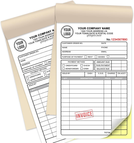 Custom Sales Invoice Personalized Carbonless NCR Forms with Company Name/Logo Personalized Invoice, Receipt Book, Work Sales Purchase Orders, Estimates, Quote Forms 4.25" x 7" - 2 Part(100 Sets)