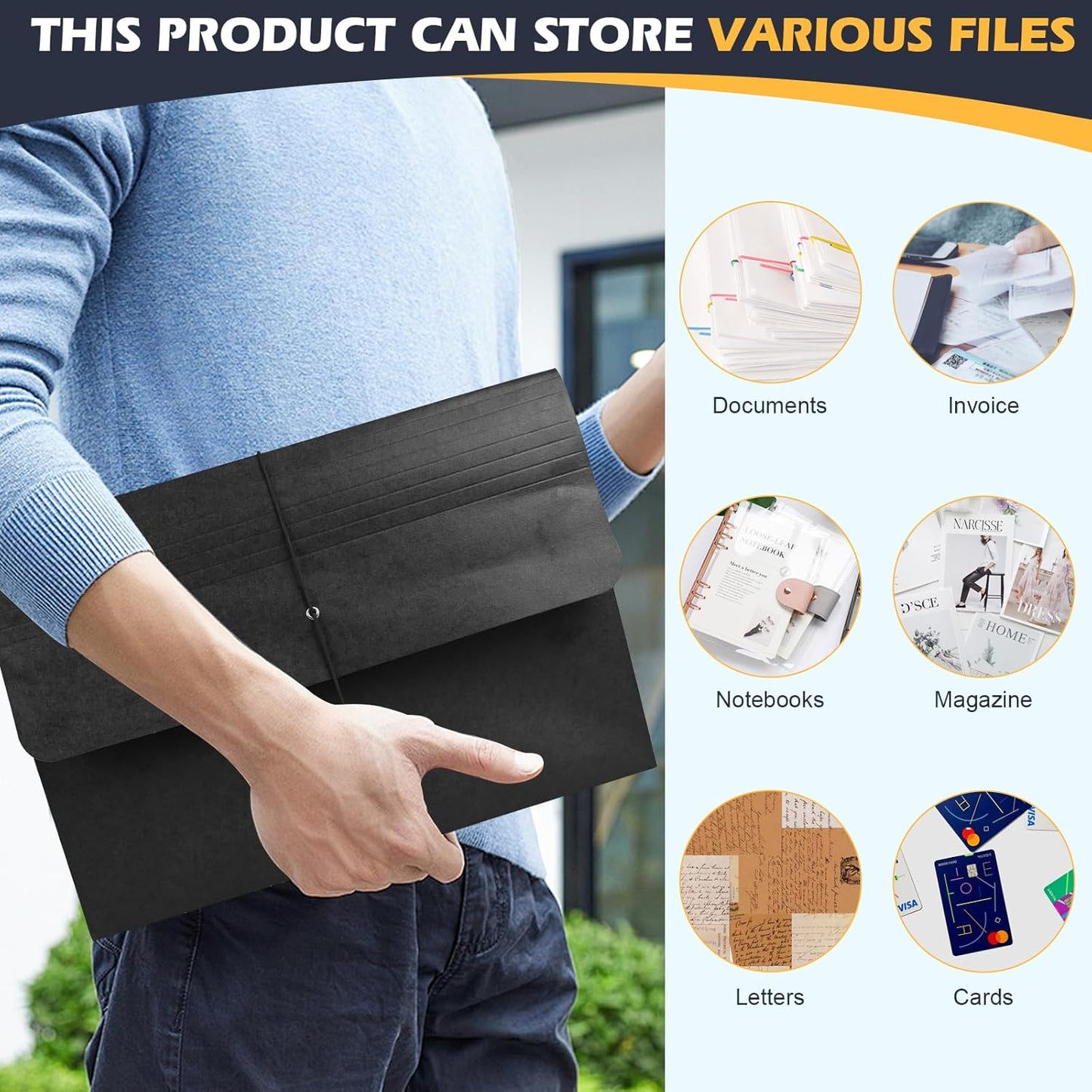 10 Pcs Accordion File Wallet Expanding File Folder with Flap and Cord Closure, 4 Inch Expansion, Letter Size Accordion Files Organizer, 10 x 15 Inches, Black