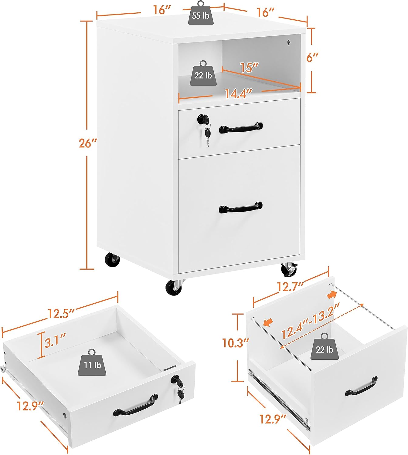 Yaheetech File Cabinet Vertical File Cabinets Mobile Letter Size File Storage Organizer Small Filing Cabinet Printer Stand for Home and Office White