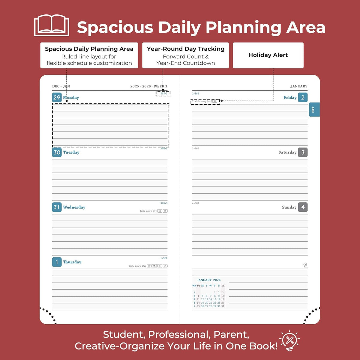 Planner 2026 Daily Weekly and Monthly,6.5"x3.75",12 Months Spiral Bound Calendar Agenda with Self-adhesive Pen Holder,2026 Appointment Book with Vegan Leather Soft Cover,Red