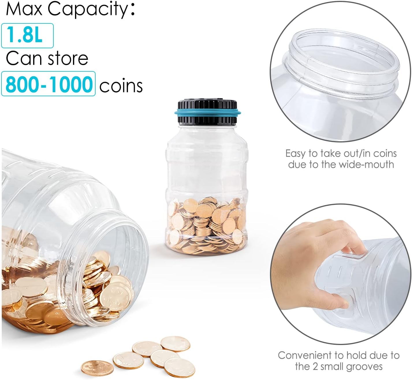 Large Piggy Bank for Boys Adults, Vcertcpl Digital Coin Counting Bank with LCD Counter, 1.8L Capacity Coin Bank Money Jar for Adults, Designed for All US Coins (Blue)