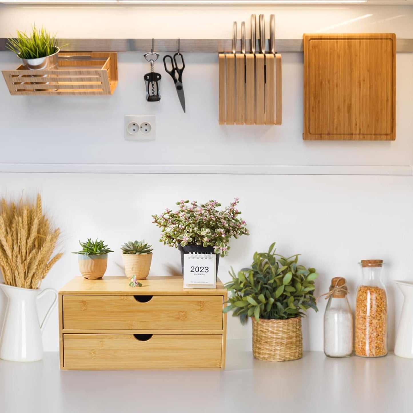Bamboo Desk Organizer With Drawers Countertop Drawers 2 Drawers Counter Storage Box Corner Desk Organizer for Home Office No Assembly Required