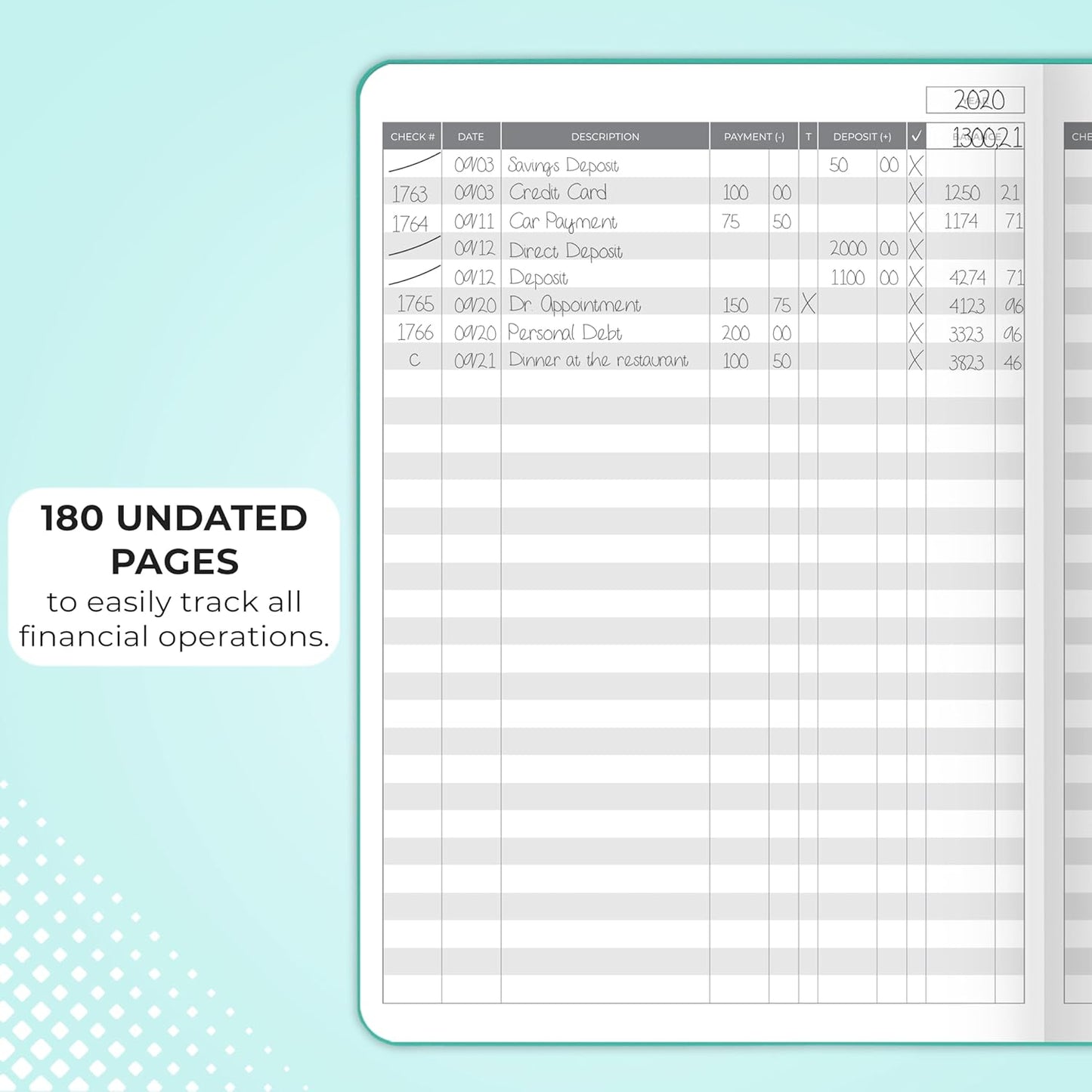 Clever Fox Check Register Book - Deluxe Transaction Register, Accounting Ledger Book, Checkbook Register & Checking Account Register Book for Personal and Work Use, Large Size, 7x10” - Turquoise