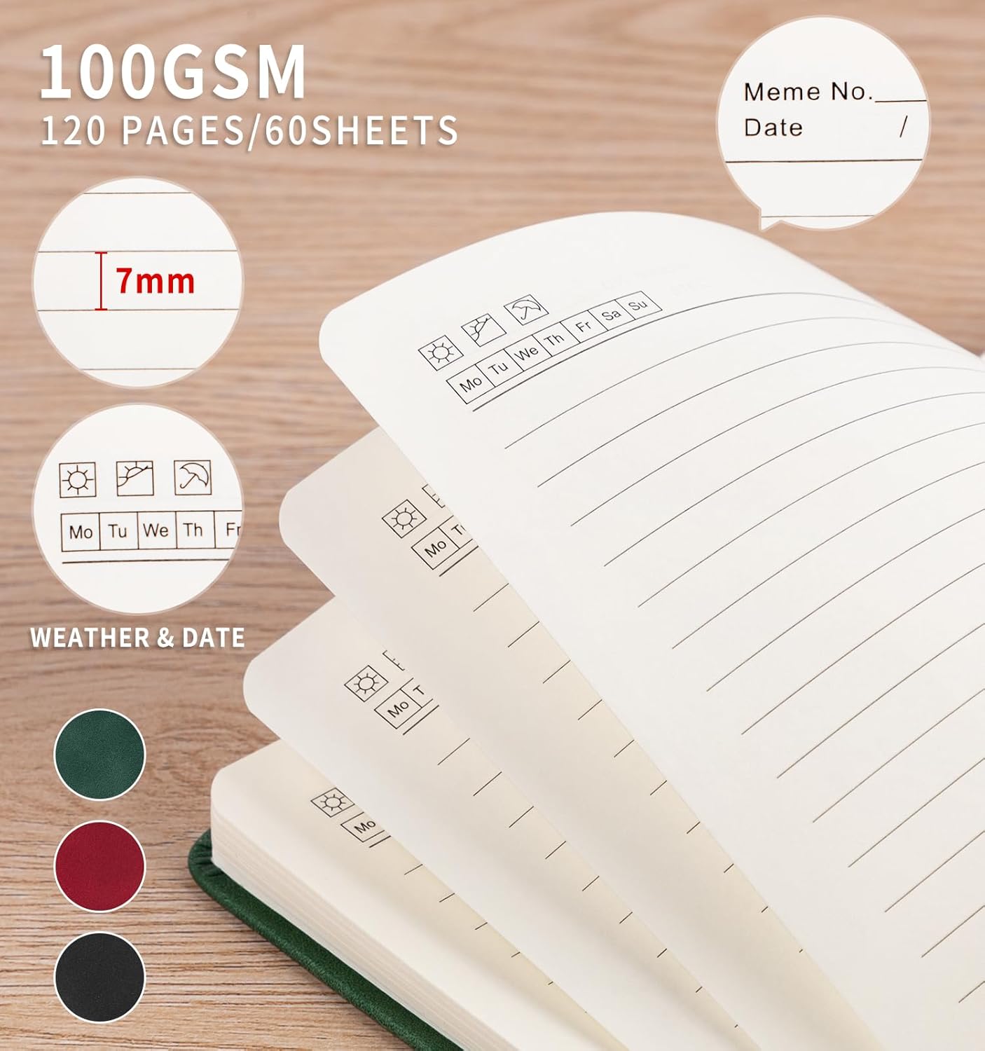 3 Pack Pocket Journaling Notebooks, A6 Small Notebook For Note Taking Journaling Notebooks Journals For Writing Mini Note Pads With Pen Holder 120 Pages 100 GSM Thick Paper-Green&Red&Black
