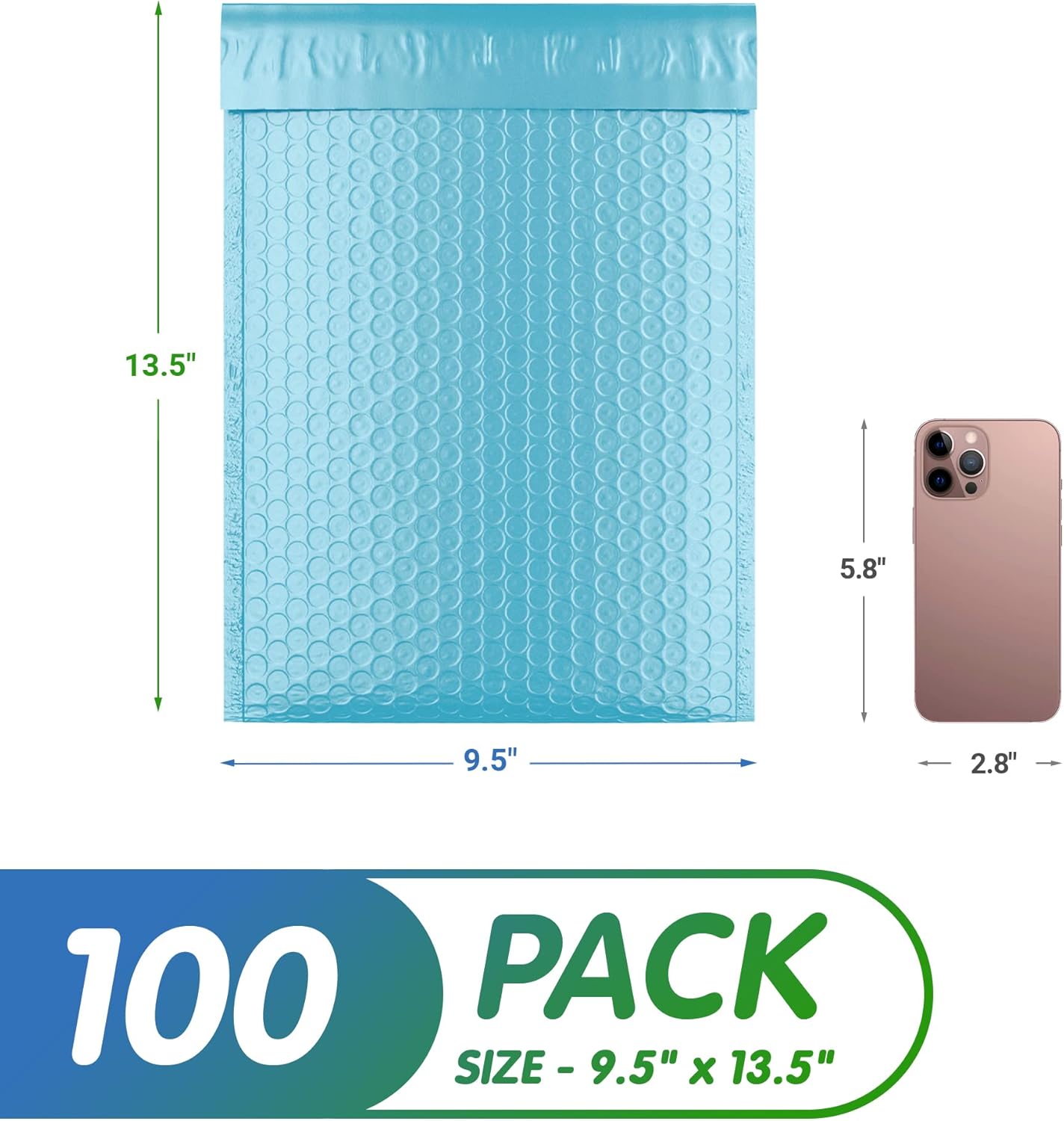 Light Blue Poly Bubble Mailers Self Seal, 9.5 x 13.5 Inch. Pack of 100 Bubble Packaging Envelopes for Shipping. Durable Padded Envelopes Waterproof. Self Seal Padded Mailers. Shipping Packages